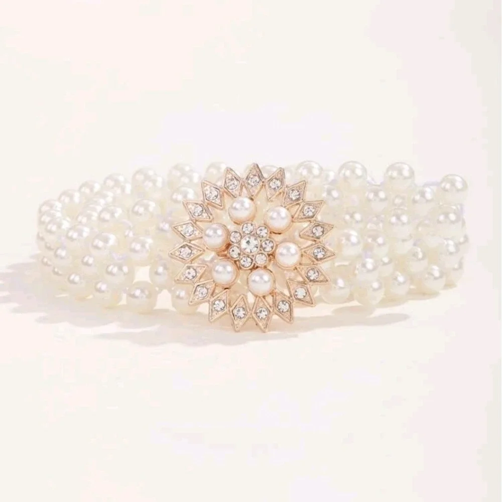 Pearl Stretch Waist Gold Rhinestone Buckle Belt Elastic Coquette Bridal Wedding